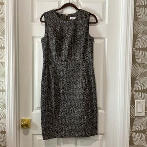 Calvin Klein black, white, metallic gold sleeveless dress with exposed zipper